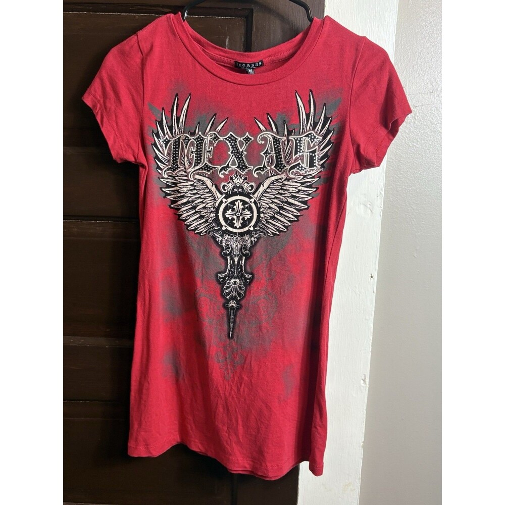 Pegasus Texas Wings Graphic Tee Womens M Red Studded Bling Shirt